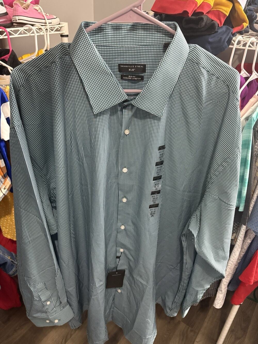 Shaquille O’Neal XLG Men 2XL 18.5 36/37 Green Check Cooling Stretch Shirt NWT